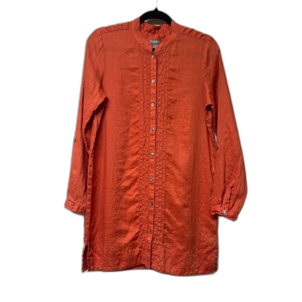 J. JILL 100% Linen Long Sleeve Tunic, Mandarin Collar, Pumpkin, Sz XS